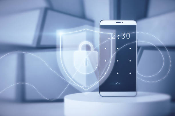 istock Close up of smartphone with creative padlock interface on blurry background. Password and security concept. Double exposure. 1394057966