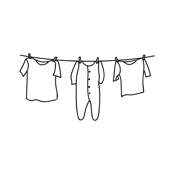 ilustrações, clipart, desenhos animados e ícones de ilustração de rabisco da linha de lavanderia em vetor. ilustração desenhada à mão. secando roupas na ilustração de rabisco da linha de roupa. - laundry clothing clothesline hanging