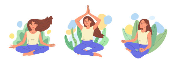 ilustrações de stock, clip art, desenhos animados e ícones de meditating girl, calm mindful yoga meditation, woman in lotus pose. female breath and balance training vector illustration. peaceful yoga meditation - vector solitude spirituality contemporary