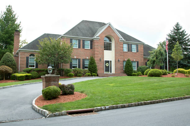 Large suburban house street view Exterior of elegant affluent home in the suburbs. looking out front door stock pictures, royalty-free photos & images