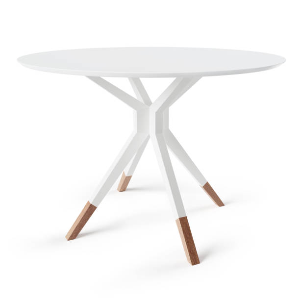 istock Round, wooden table painted white. Dining table isolated on white background. Clipping path included. 3D render. 1394061579