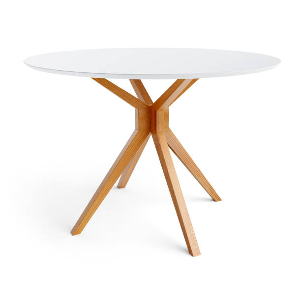istock Round wooden table with a white counter. Dining table isolated on white background. Clipping path included. 3D render. 1394061581