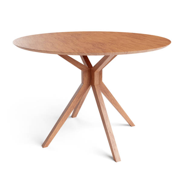 Round wooden retro table. Dining table isolated on white background. Saved clipping path included. 3D render. 3D illustration.