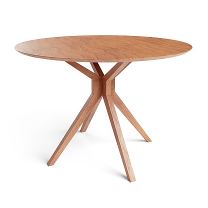 Round wooden retro table. Dining table isolated on white background. Saved clipping path included. 3D render. 3D illustration.