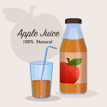 Fresh apple juice in glass bottle and fruit juice in glass concept.