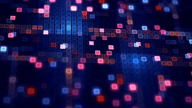 Blockchain Abstract NFT Futuristic Technology Neon Pixel Grid Colorful Background  Square Cube Laser Shape Computer Wafer Multi-Layered Effect Pink Red Blue Checked Mosaic Pattern Navy Backdrop Striped Wire Mesh Connection Communication Video Game Concept Digitally Generated Image Fractal Fine Art for banner, flyer, card, poster, brochure, presentation