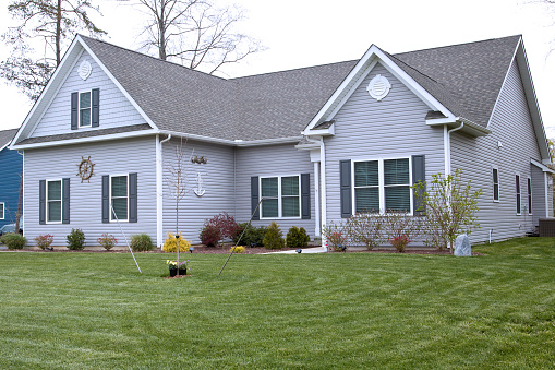 Traditional American home with two garages, a driveway and a large tree. A two-story house with a mowed lawn. 3d render