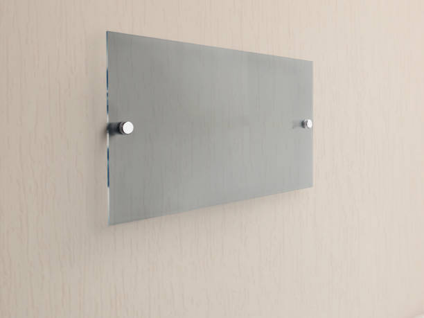 istock Blank grey rectangle glass office corporate on white background Signage plate Mock Up Template, Clear Printing board for Branding, Logo. Acrylic advertising signboard mockup side view. 1394063908