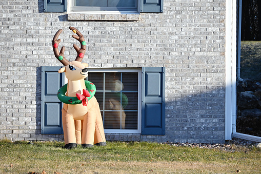 Inflatable reindeer in the yard reflected in nearby window.