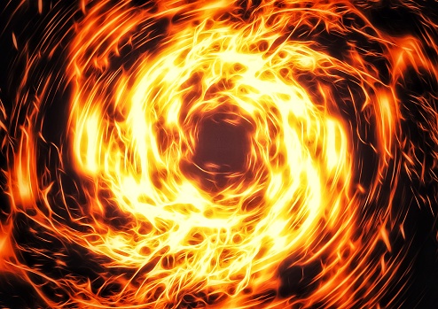 3D illustration of fire swirling in the dark