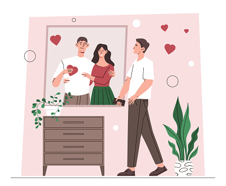 Self perception and self esteem concept. Man stands next to mirror and dreams about future with girlfriend. Search for romantic relationship. Psychology and mentality. Cartoon flat vector illustration