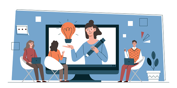 Female teacher conduct lessons online. Remote education, video course or seminar. Women look out of their monitor and explain lesson topic to remote home class. Cartoon flat vector illustration