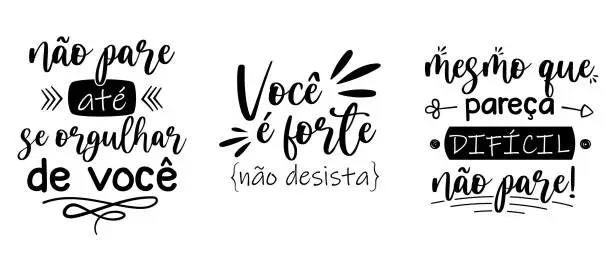 Vector illustration of Three motivational phrases in Brazilian Portuguese. Translation - Do not stop until you are proud of you - You are strong, do not give up - Even if is seems difficult, do not stop.