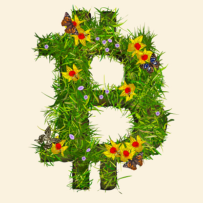 Yellow and blue flowers growing on green grass, in the shape of a Bitcoin symbol, signifying Cryptocurrencies' growth. With butterflies and bees hovering.