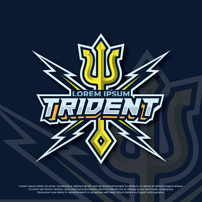 Trident Neptune esport logo illustration, Trident Poseidon gaming mascot design vector.