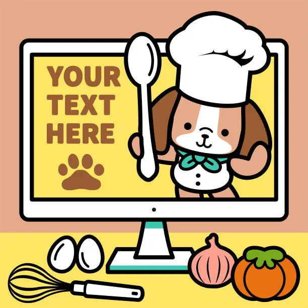 Vector illustration of A cute dog chef wearing a chef's hat and holding a spoon and sharing recipes on a computer monitor