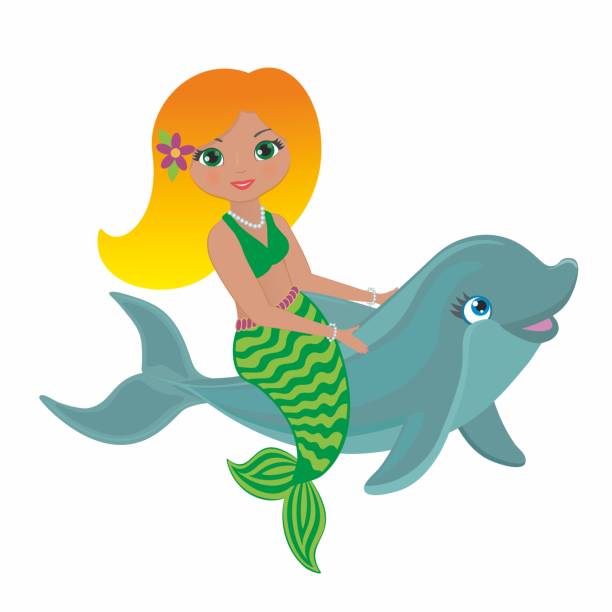 istock Lovely and happy mermaid riding on dolphin calf, fish. Vector illustration. 1394083318