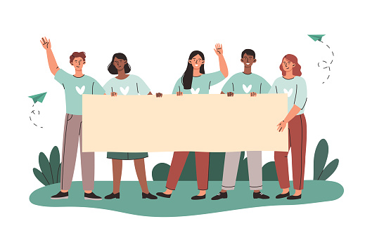 Group of people with empty banner concept. Young men and women volunteers or activists participate in parade or rally. Characters holding editable advertising poster. Cartoon flat vector illustration