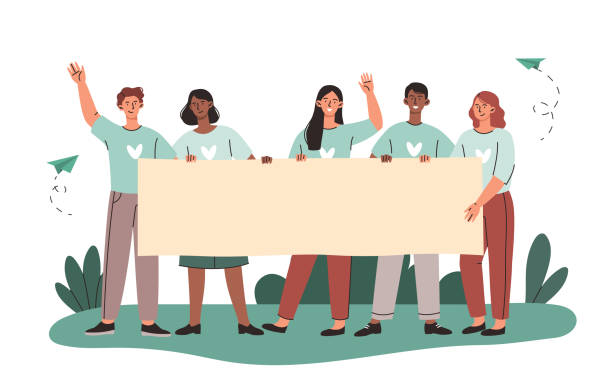 Group of people with empty banner concept Group of people with empty banner concept. Young men and women volunteers or activists participate in parade or rally. Characters holding editable advertising poster. Cartoon flat vector illustration volunteer stock illustrations