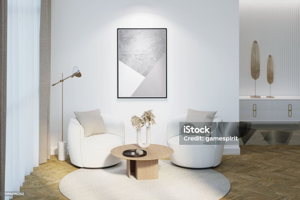 Modern interior with an illuminated vertical poster on a white wall. The decor on a coffee table, two modern chairs, a lamp near a curtained window, decor on a nightstand in the background. 3d render Spot Lit Stock Photo