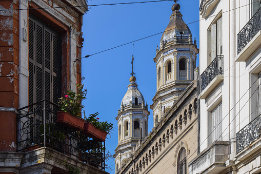 Church and old balcony in San Telmo, Buenos Aires.