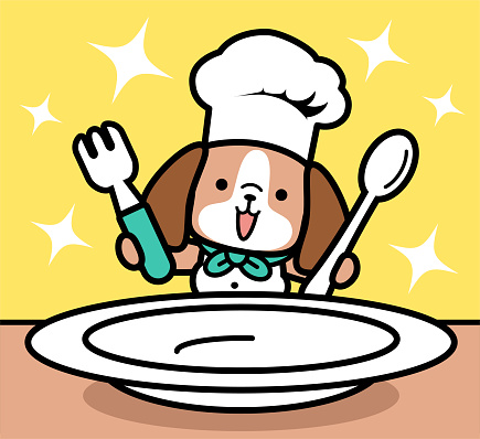 istock A cute dog chef wearing a chef's hat and holding a knife and fork and looking at a big empty plate waiting for food 1394091303
