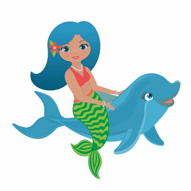 istock Lovely and happy mermaid riding on dolphin calf, fish. Vector illustration. 1394092523