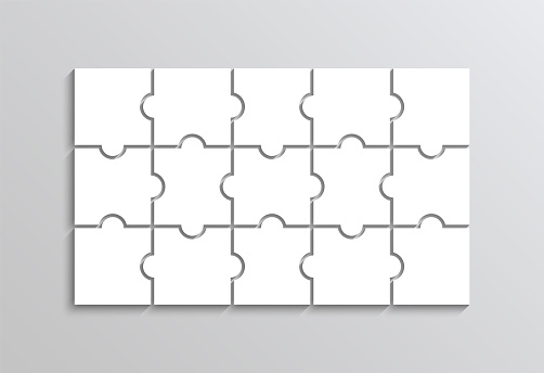 Puzzle pieces. Jigsaw outline grid with 15 elements. Modern puzzle background. Thinking game with separate shapes. Simple mosaic layout. Laser cut frame. Vector illustration.