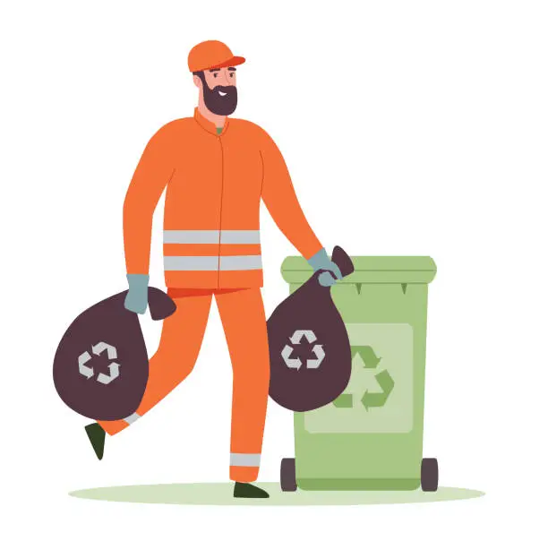 Vector illustration of Janitor in carries bags of garbage into the trash can in the city. A man in uniform cleans up waste in recycle containers for separate rubbish reuse. Vector illustration in flat style on a white