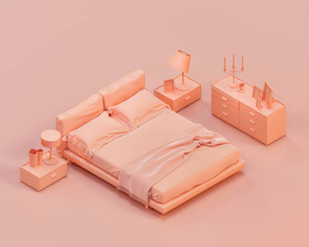 istock Isometric monochrome bedroom with a double bed, with side tables single color interior 3d rendering 1394094885