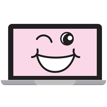 Vector illustration of a emoji face on a laptop cut out isolated background. Fully editable stroke for easy editing. Simple social media symbol that includes vector eps and high resolution jpg in download.