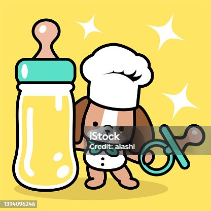 istock A cute dog chef wearing a chef's hat and holding a pacifier and standing by a big feeding bottle 1394096246