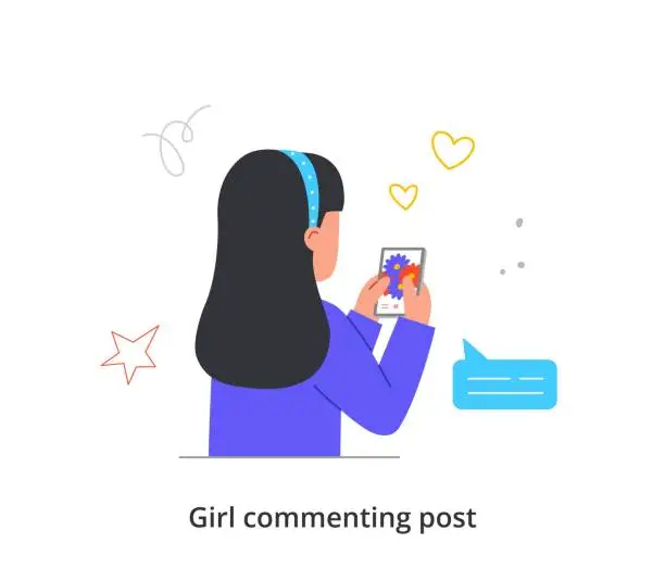 Vector illustration of Kid posting and commenting on social network