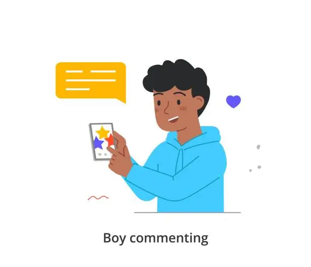 Vector illustration of Kid posting and commenting on social network