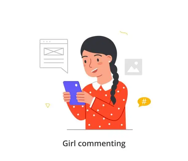 Vector illustration of Kid posting and commenting on social network