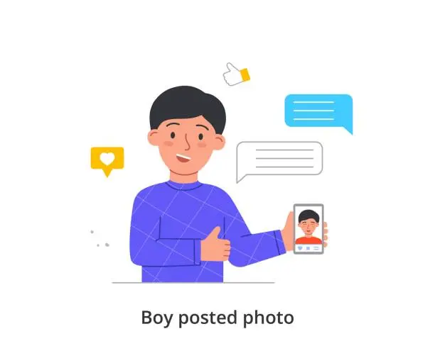 Vector illustration of Kid posting and commenting on social network