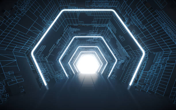 istock Tunnel and neon with blue background, 3d rendering. 1394110120