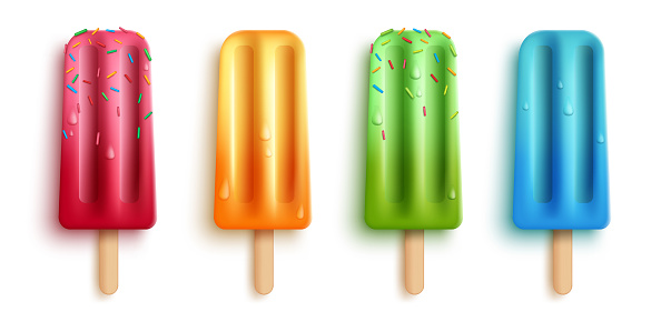 Popsicles element vector set design. 3d realistic popsicle dessert with sweet, fruity flavor like strawberry and orange isolated in white background for summer ice cream collection. Vector illustration.