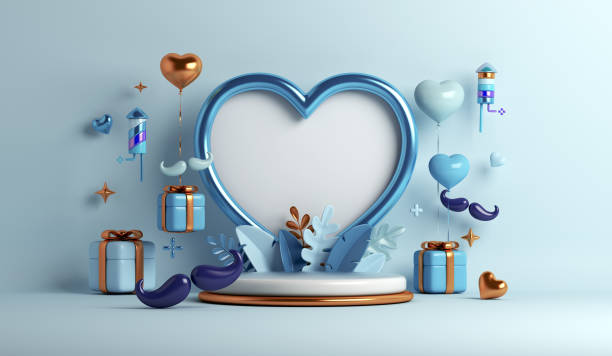 istock Happy Fathers day display podium background with frame, mustache, gift box, heart shape balloon, leaves copy space text, 3D rendering illustration 1394113813