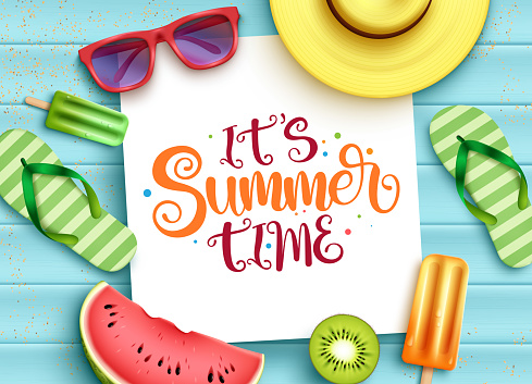 Summer vector template design. It's summer time typography text in white space with 3d tropical season objects background for holiday vacation messages decoration. Vector illustration.