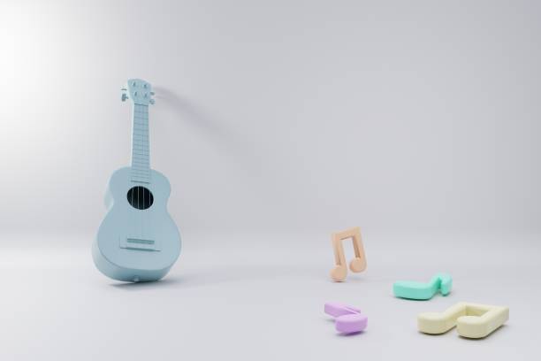 Musical instrument template. Guitar and music notes with copy space on white background. 3D rendering image.
