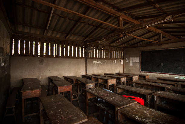 istock Desks and chairs arranged in classroom at  old school. 1394117431