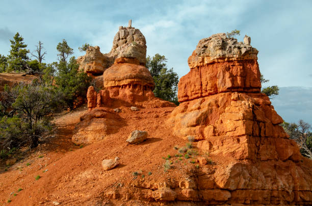 Hoodoo rock formations with gray cap rock at Red Canyon, Dixie National Forest, Utah, USA.