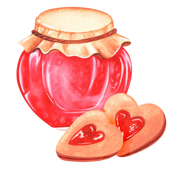 ilustrações de stock, clip art, desenhos animados e ícones de cookies with raspberry jam. watercolor illustration. isolated on a white background. for design. - raspberry heart shape gelatin dessert valentines day