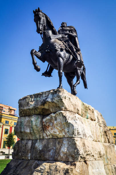 statue of skanderbeg at skanderbeg square in tirana, albania - national hero imagens e fotografias de stock