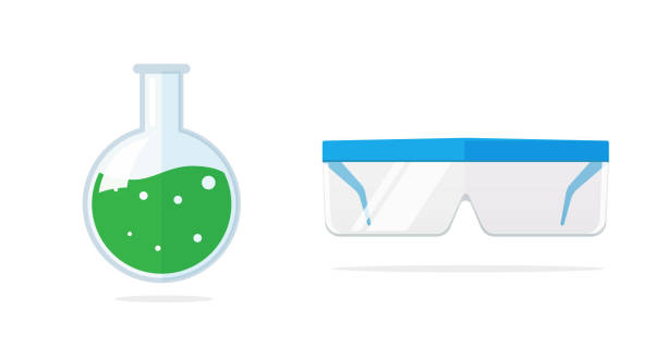 Flask for chemical lab icon vector or glasses goggles safety for eyes protect flat cartoon illustration isolated on white background, pharmacy medical ppe or laboratory glassware modern design image Flask for chemical lab icon vector or glasses goggles safety for eyes protect flat cartoon illustration isolated on white background, pharmacy medical ppe or laboratory glassware modern design protective eyewear stock illustrations