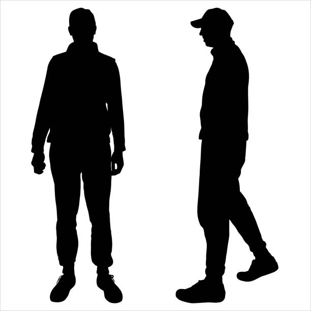 bildbanksillustrationer, clip art samt tecknat material och ikoner med black silhouette of a man isolated on white background. a guy, a young man stands straight, without movement, in a frontal position. a man in motion, in profile position. a man in a cap and sportswear - varselkläder