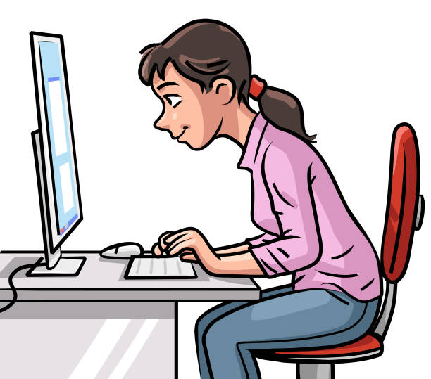 illustrazioni stock, clip art, cartoni animati e icone di tendenza di giovane donna sorridente che usa il computer - computer keyboard white caucasian white background