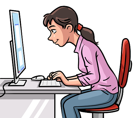 Vector illustration of a smiling young woman working on her computer, isolated on white.