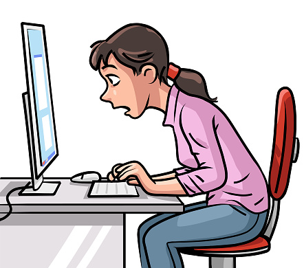 Vector illustration of a young woman looking surprised at her computer sreen, isolated on white.